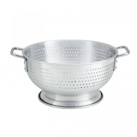 11-quart heavy-gauge aluminum colander stanton trading, 15-inch diameter, with riveted side handles, rolled edge, and a footed base for stability.