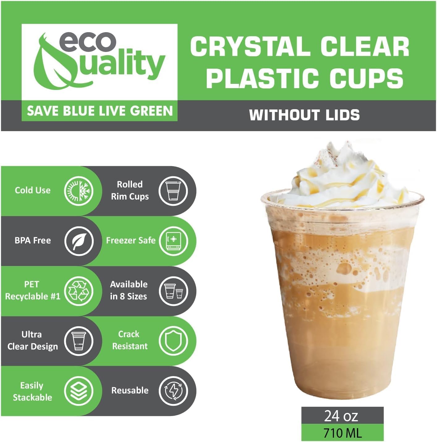 24oz Clear PLA Iced Coffee & Smoothies Cold Cups