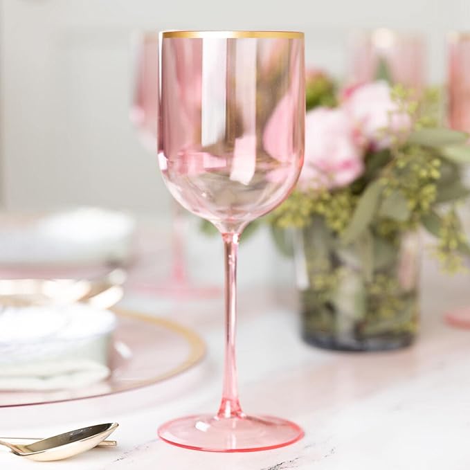 12oz Pink Plastic Wine Goblets with Gold Rim