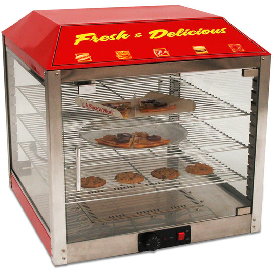 Benchmark Two Door Pass-Thru Warmer/Merchandiser 1/Pack a stainless steel display case, with an adjustable thermostat for any application and many food options. There are two doors, one on each side, to allow two people at once to help themselves, or a customer taking food out of the front of the unit and an employee loading more product in the other door. Has three adjustable chrome-plated racks for holding and displaying food in the case.&nbsp;