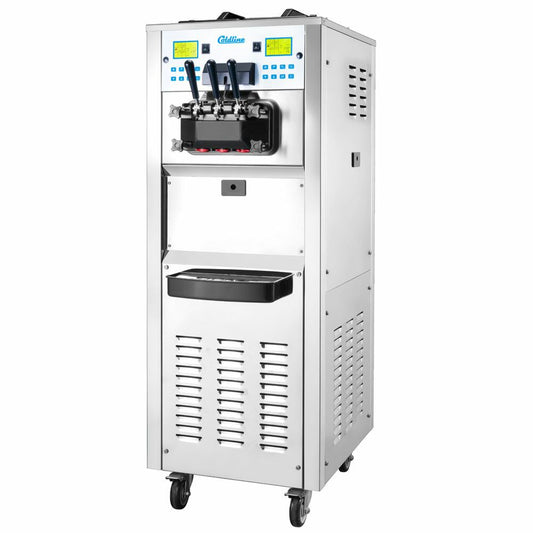 The Coldline NEO-F3 Floor Standing Soft Serve Ice Cream Machine boasts 2 hoppers, 3 dispensers, and an air pump for high-volume, smooth soft-serve. Its floor-standing design suits busy establishments requiring efficient, high-capacity ice cream service.