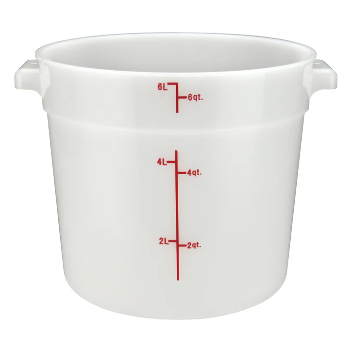 (12qt 12/Pack, 18qt 6/Pack, 1qt 12/Pack, 22qt 6/Pack, 2qt 12/Pack, 4qt 12/Pack, 6qt 12/Pack, 8qt 12/Pack) Round Storage Container is ideal for keeping fruits, vegetables, spices and more. Due to its white break resistant polypropylene construction with build in handles, the container is extremely durable and withstands temperatures from -40°F to 160°F. Red gradations on the container assist in measuring food accurately. This container's round design is ideal for compact stacking and storage.