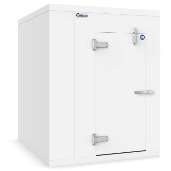 A Coldline 6 x 10 walk-in freezer box with a durable built-in floor, designed for commercial kitchens. Provides spacious frozen storage with insulated walls and a secure door, ensuring reliable low-temperature control for efficient food preservation in professional environments.