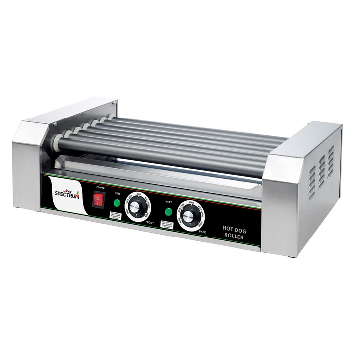 (11R, 5R, 7R) Hot Dog Roller 1/Pack give you long lasting cooking results under the harshest applications. They are perfect for convenience stores, concession stands, cafeterias and more. All grills come with a heavy duty sealed motor, and a bike chain and sprocket drive assembly.