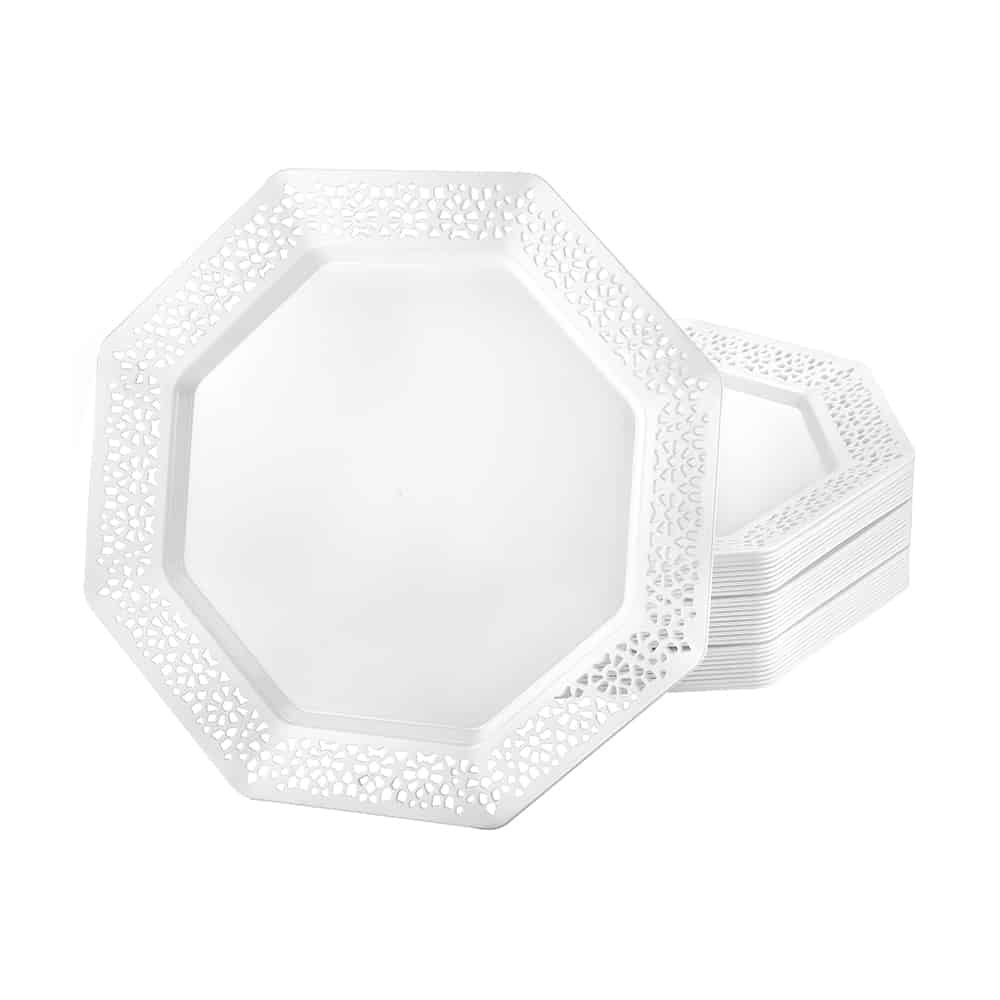 Lacetagon Pearl Plates in 7.5", 9.25", and 11" sizes; elegant disposable design for weddings, parties, and special events