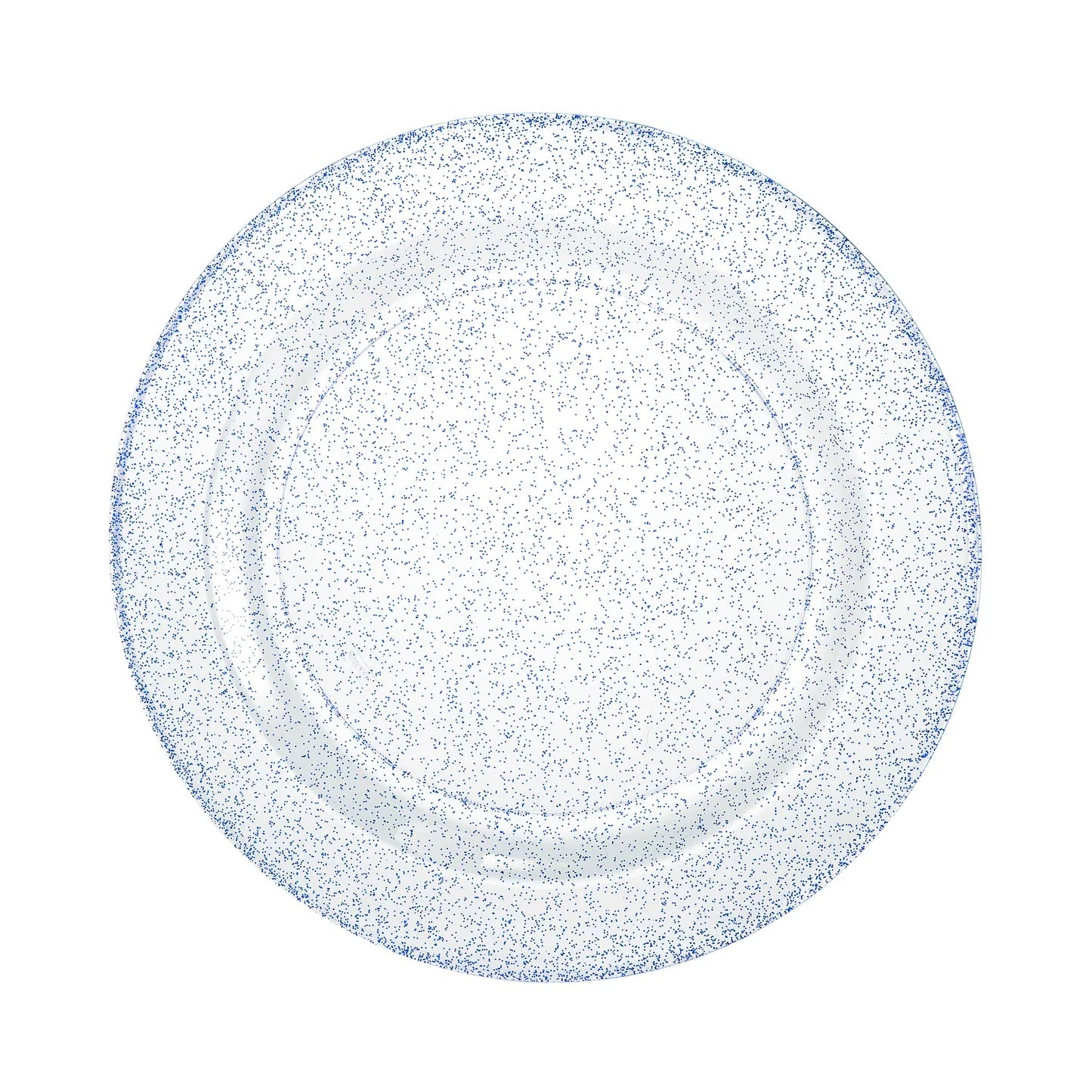 Blue glitter plates in 7.5", 9", and 10.25" sizes; durable disposable design for weddings, parties, and festive celebrations