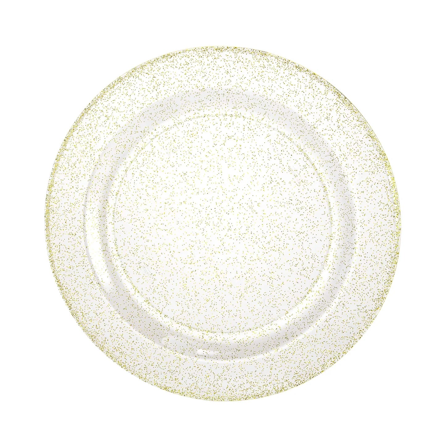 Elegant gold glitter plates in 7.5", 9", and 10.25" sizes; sturdy disposable design for weddings, parties, and special events