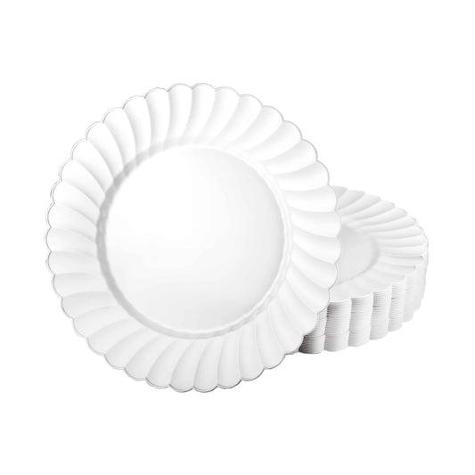 Scalloped Pearl disposable plates in 7.5-inch and 10.25-inch sizes with elegant pearl finish and scalloped edges, perfect for weddings, parties, and upscale dining events