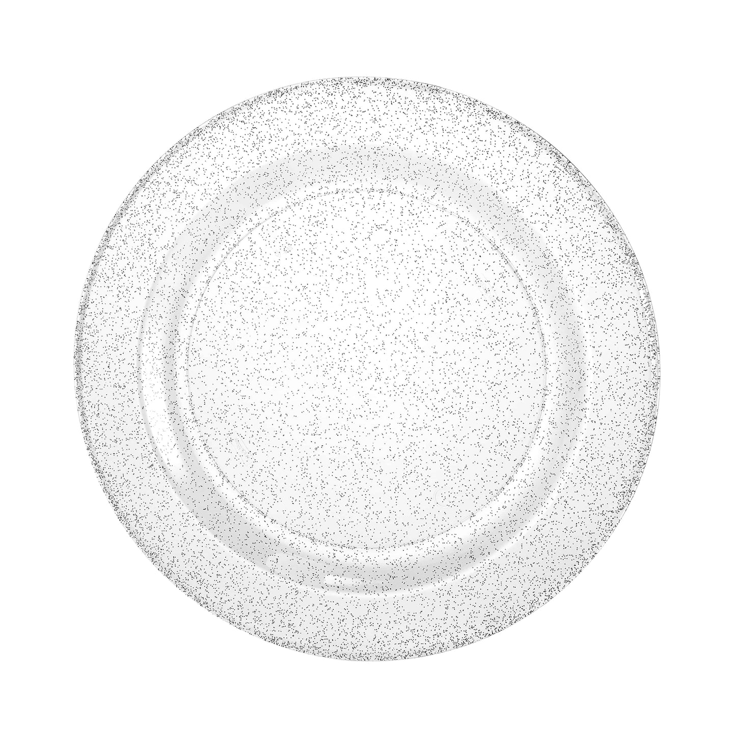 Silver glitter plates in 7.5", 9", and 10.25" sizes; elegant disposable design for weddings, parties, and special events