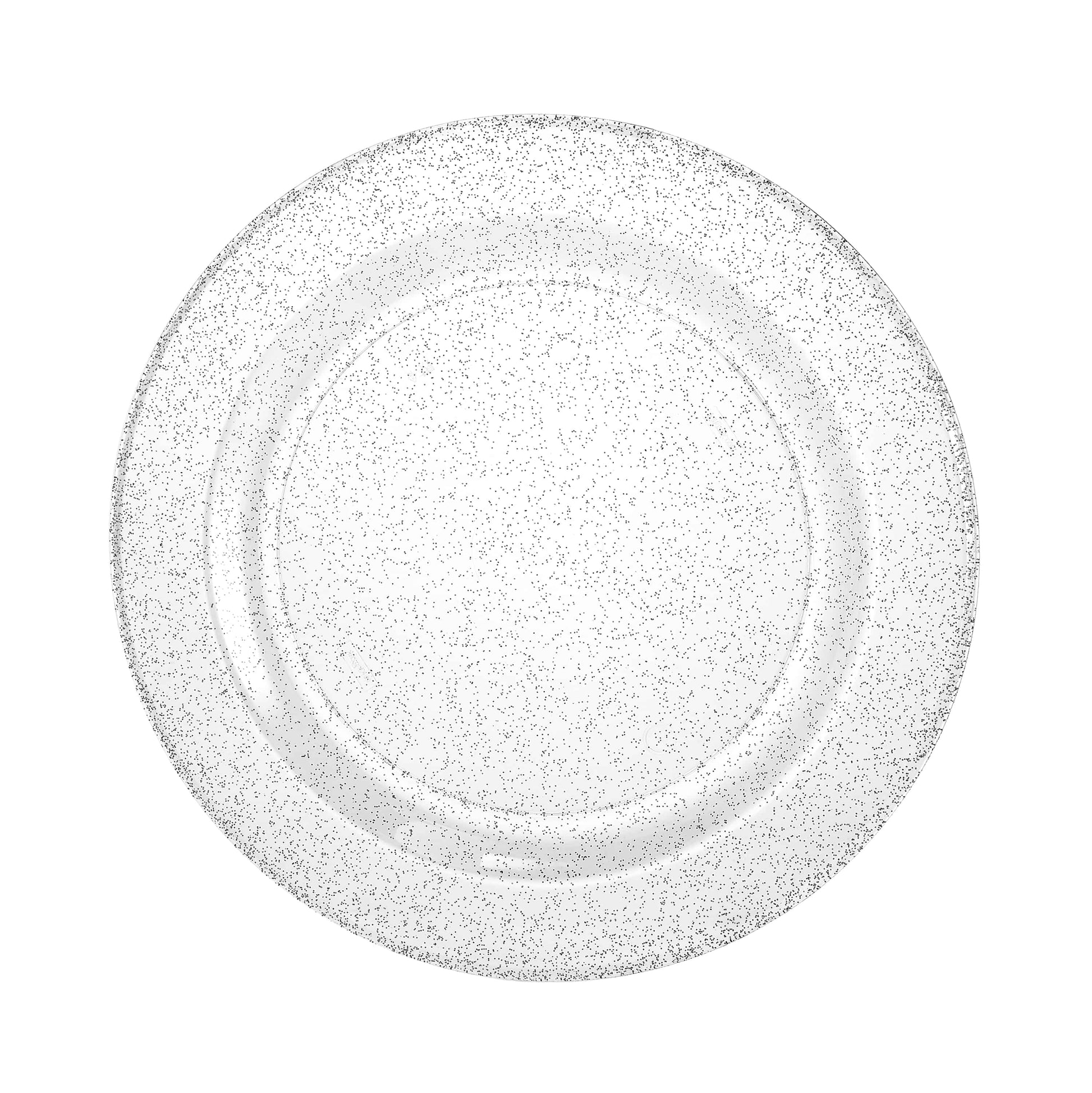 Silver glitter plates in 7.5", 9", and 10.25" sizes; elegant disposable design for weddings, parties, and special events