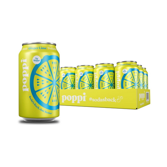 12oz Poppi Ginger Lime Prebiotic Sparkling Low Sugar Soda Drink