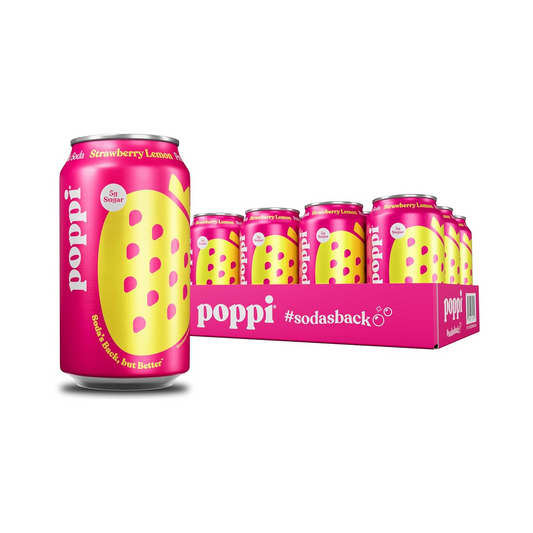 12oz Poppi Strawberry Lemon Prebiotic Sparkling Low Sugar Soda Drink
