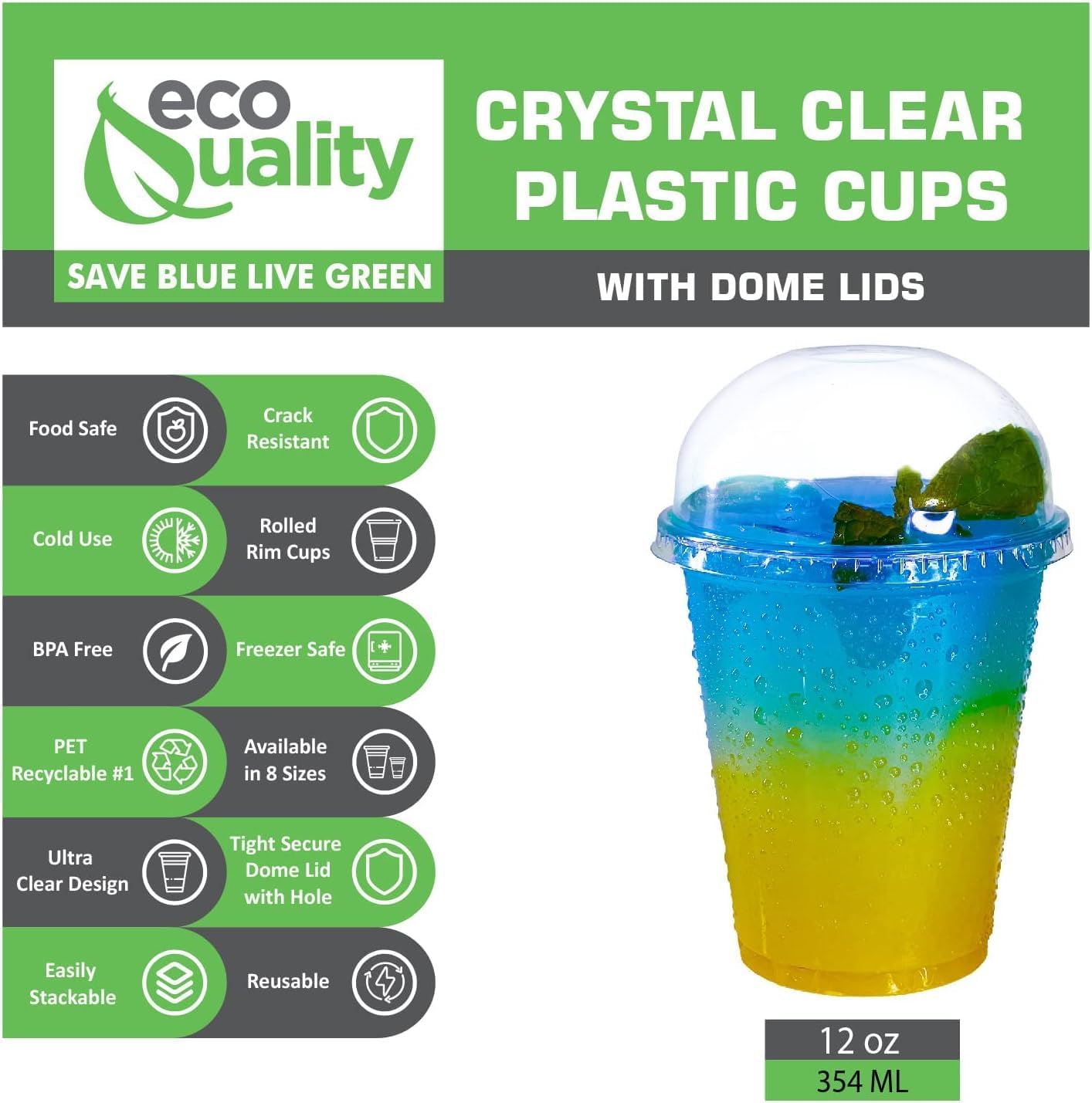 12oz Clear PLA Coffee Smoothies Cups with Dome Lids