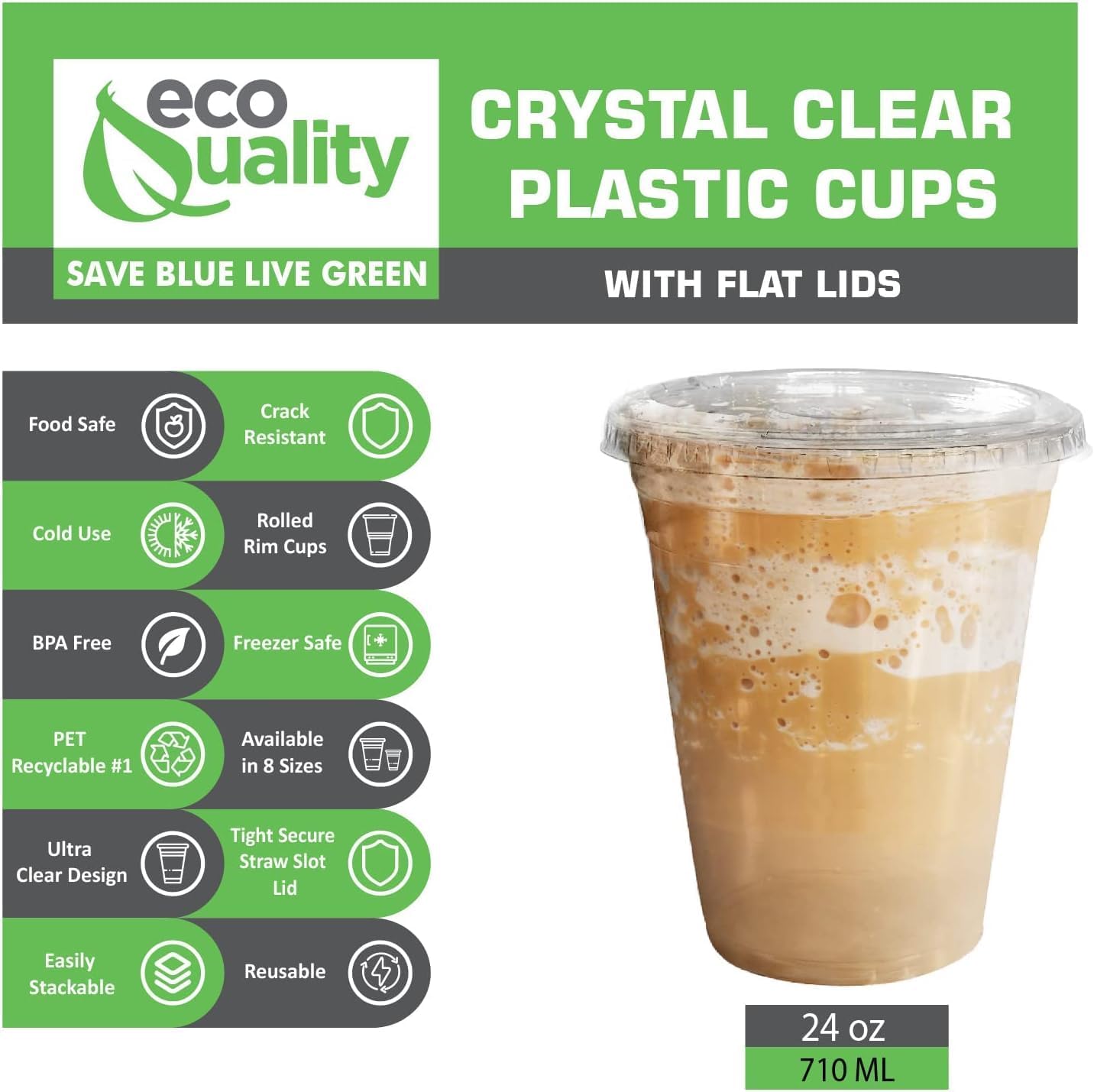 24oz Clear PLA Coffee Smoothies Cups with Flat Lids
