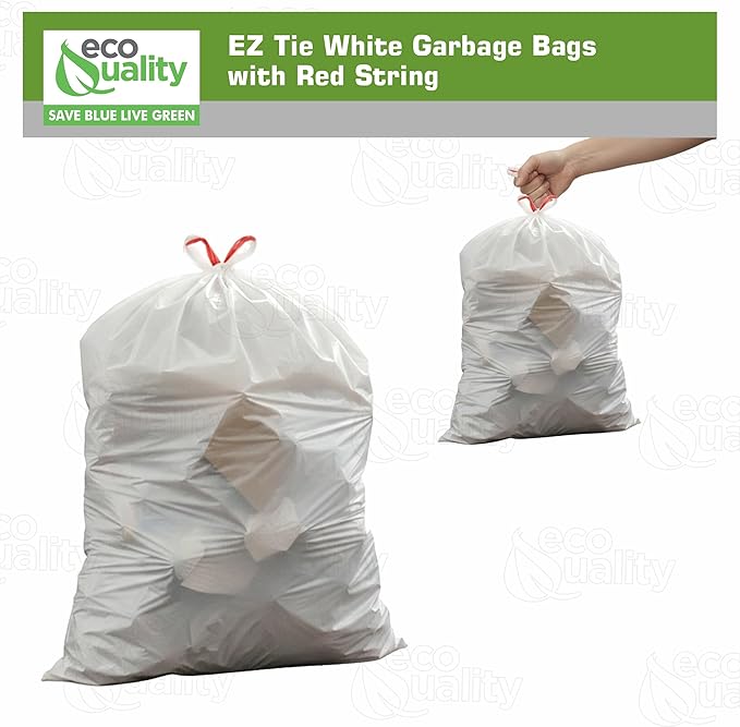 13 Gallon White Garbage Bags with Red Easy Tie Drawstring