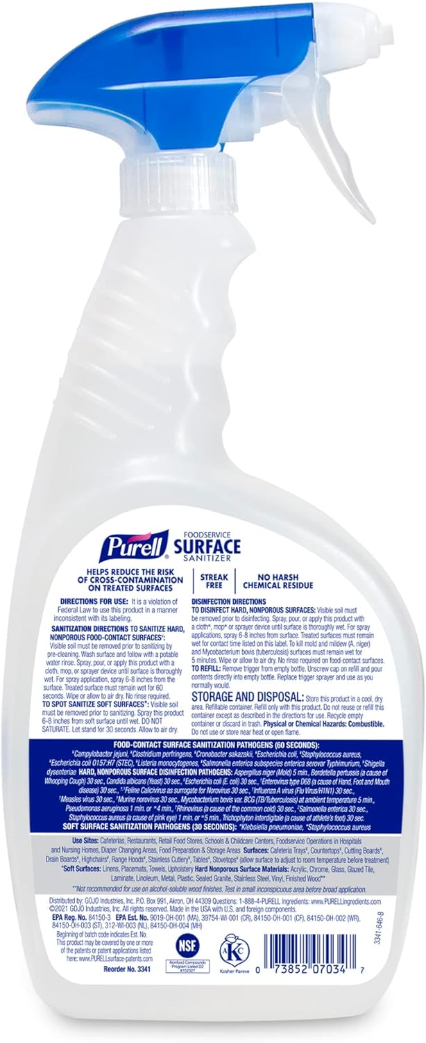 Purell Foodservice Surface Sanitizer Spray 32oz - Fragrance Free Capped Bottle with Spray Trigger