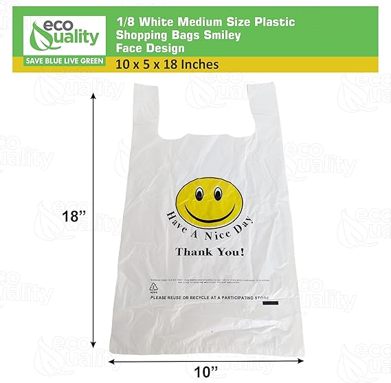 EcoQuality white smiley face plastic shopping bags medium 10x5x18