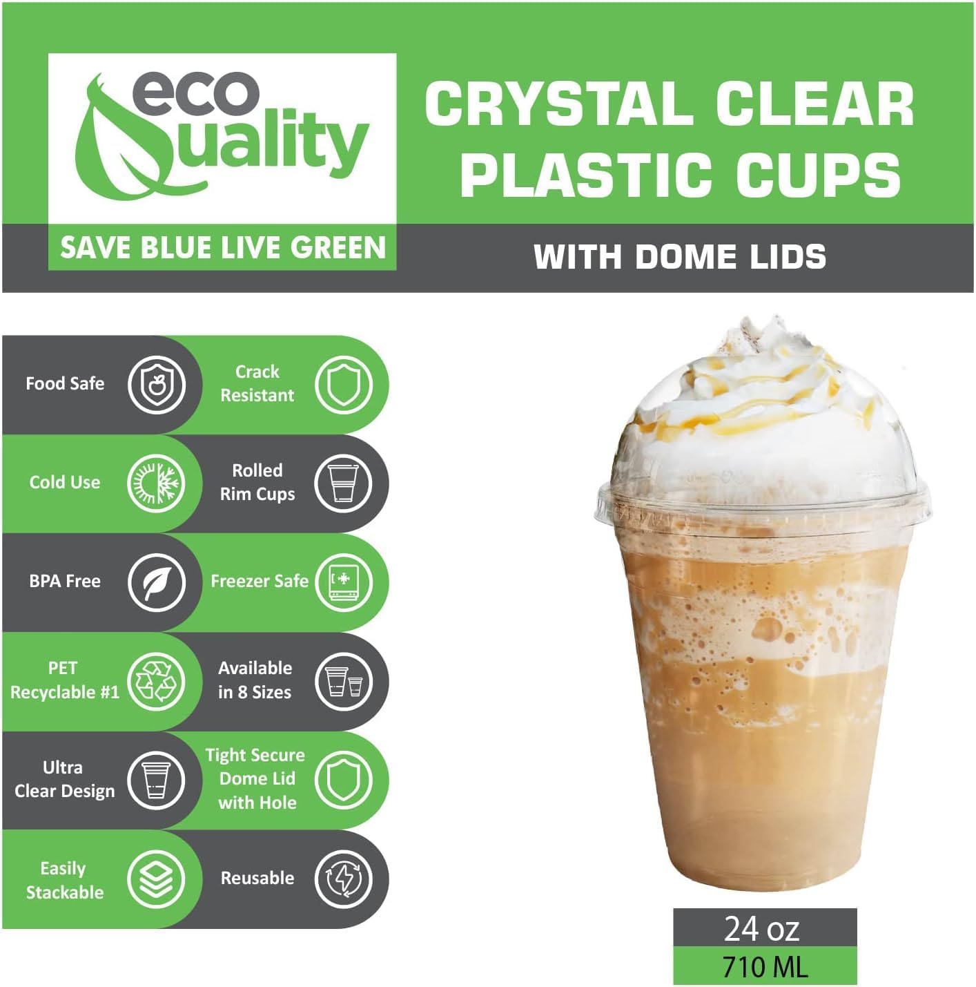 24oz Clear PLA Coffee Smoothies Cups with Dome Lids