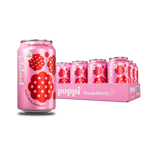 12oz Poppi Raspberry Rose Prebiotic Sparkling Low Sugar Soda Drink