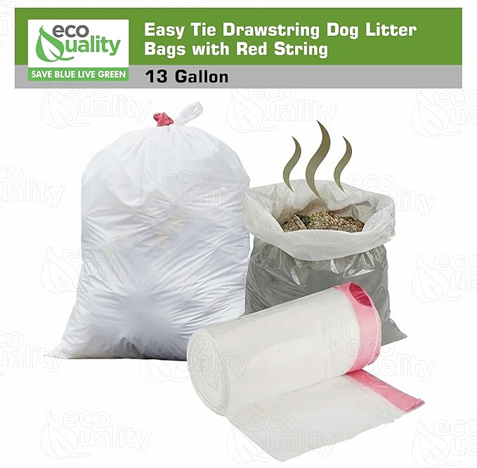 13 Gallon White Dog Litter Bags with Red Easy Tie Drawstring