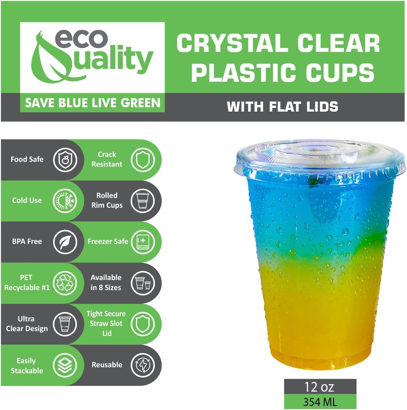 12oz Clear PLA Coffee Smoothies Cups with Flat Lids