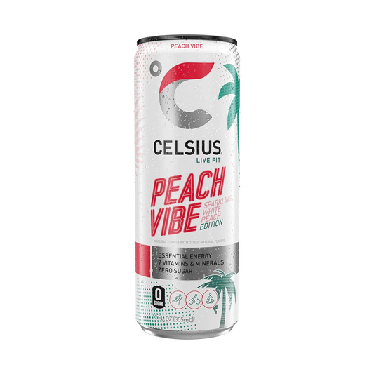 12oz Celsius Original Peach Vibe Sparkling White Peach Energy Drink