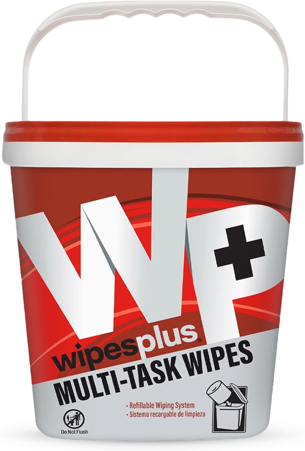 Red WipesPlus Multi-Task Bucket System with ergonomic handle, sliding dispensing cap, test strip window and easy on easy off lid. Designed for WipesPlus Multi-Task Wipes. Rolls sold separately.
