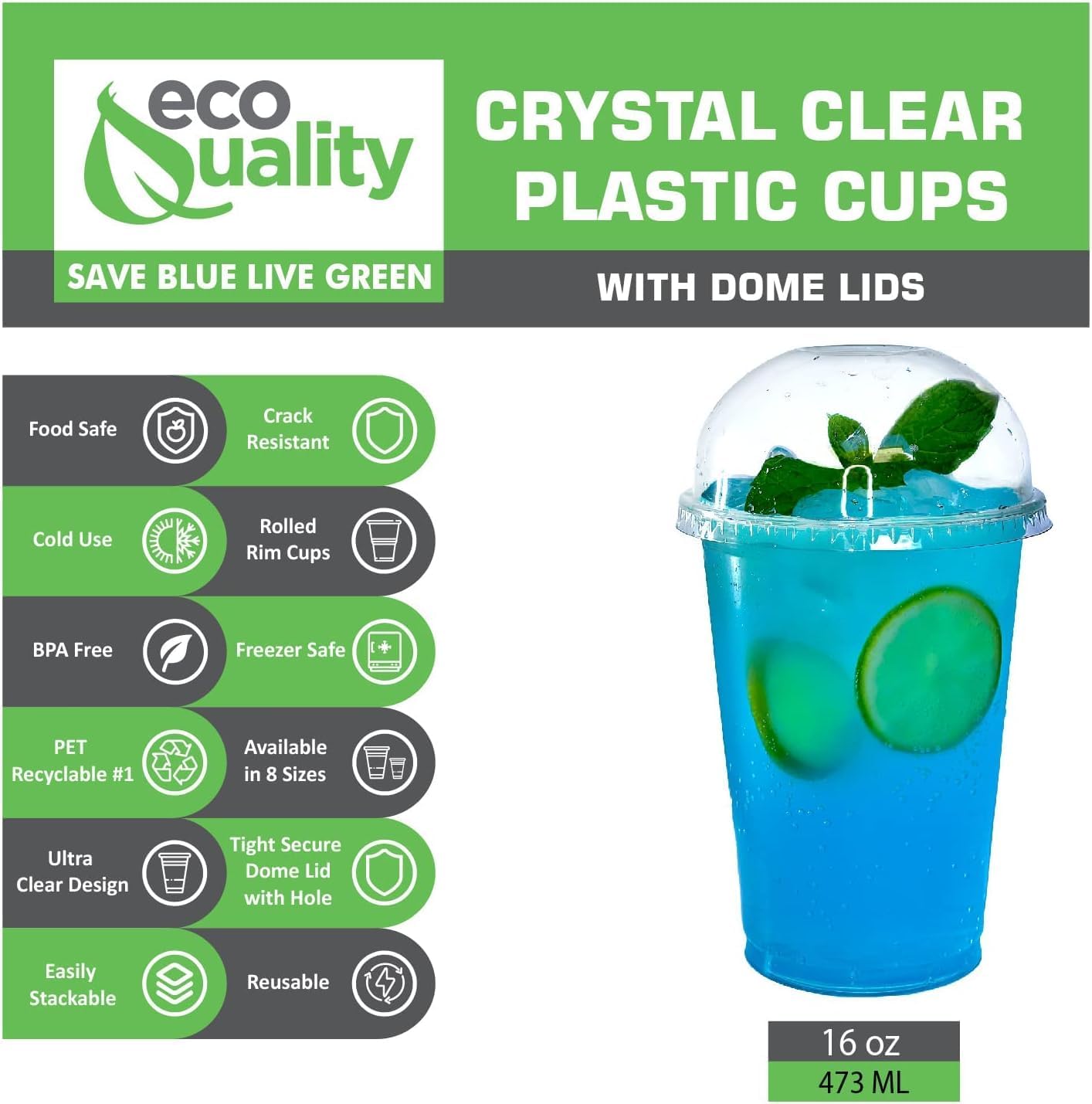 16oz Clear PLA Coffee Smoothies Cups with Dome Lids