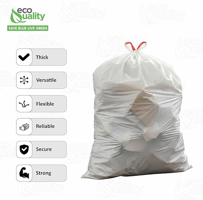 13 Gallon White Garbage Bags with Red Easy Tie Drawstring