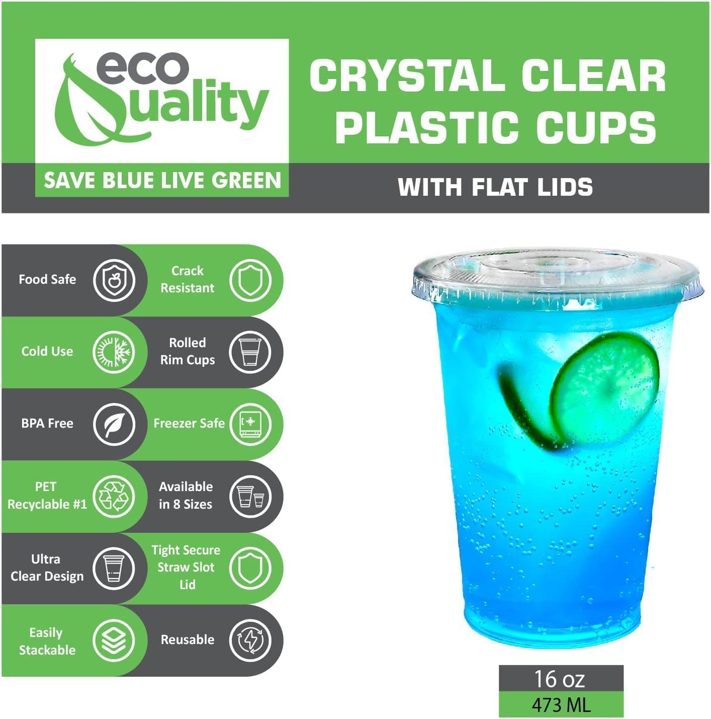 16oz Clear PLA Coffee Smoothies Cups with Flat Lids