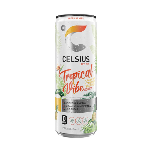 12oz Celsius Original Tropical Vibe Sparkling Starfruit Pineapple Energy Drink 