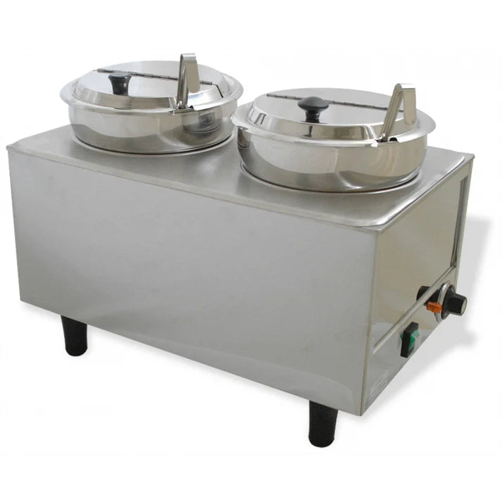 (2 Ladles & Lids, 1 Pump & 1 Ladle & Lid, 2 Pumps) Benchmark Dual Well Food Warmer 1/Pack is a countertop warmer with two slots for pans to be warmed. The wells are 7 quarts in size and there is the ability to control the temperature with an adjustable thermostat. This unit also has hinged inlet lids and two long handled ladles.