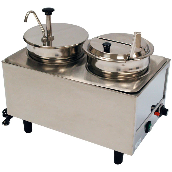 (2 Ladles & Lids, 1 Pump & 1 Ladle & Lid, 2 Pumps) Benchmark Dual Well Food Warmer 1/Pack is a countertop warmer with two slots for pans to be warmed. The wells are 7 quarts in size and there is the ability to control the temperature with an adjustable thermostat. This unit also has hinged inlet lids and two long handled ladles.