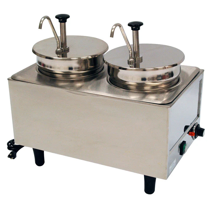 (2 Ladles & Lids, 1 Pump & 1 Ladle & Lid, 2 Pumps) Benchmark Dual Well Food Warmer 1/Pack is a countertop warmer with two slots for pans to be warmed. The wells are 7 quarts in size and there is the ability to control the temperature with an adjustable thermostat. This unit also has hinged inlet lids and two long handled ladles.