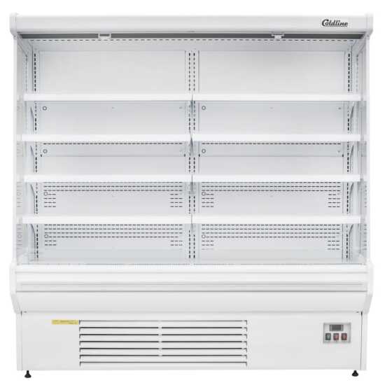 The Coldline SOC-76-220-W 76" white refrigerated air curtain merchandiser operates on 220V, featuring a sleek white design with an air curtain for efficient cooling, adjustable shelves, and energy-efficient lighting for showcasing chilled products.
