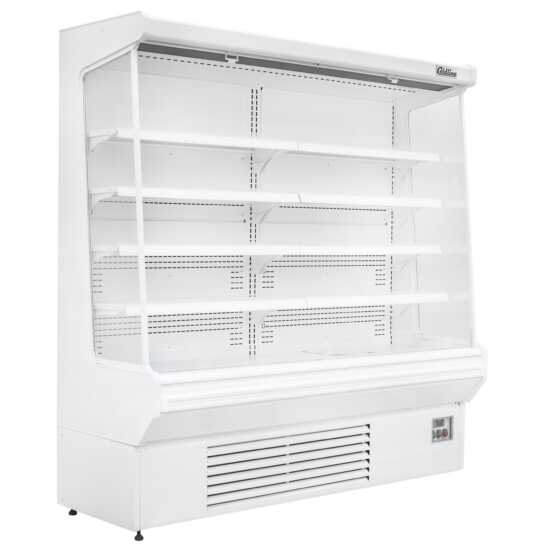 The Coldline SOC-76-220-W 76" white refrigerated air curtain merchandiser operates on 220V, featuring a sleek white design with an air curtain for efficient cooling, adjustable shelves, and energy-efficient lighting for showcasing chilled products.