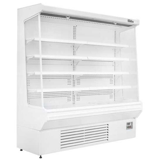 The Coldline SOC-76-220-W 76" white refrigerated air curtain merchandiser operates on 220V, featuring a sleek white design with an air curtain for efficient cooling, adjustable shelves, and energy-efficient lighting for showcasing chilled products.