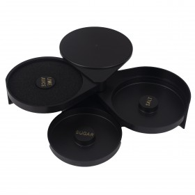 black plastic glass rimmer stanton trading features three swing-out trays for easy access to salt, sugar, and lime juice. Its compact design ensures efficient use of space, making it ideal for bars and cocktail stations. A practical tool for perfectly garnished cocktails with consistent and professional results.
