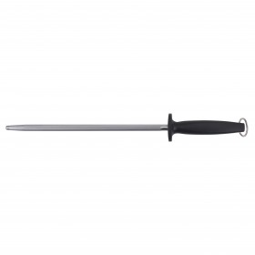 12" butcher steel stanton trading with a round, magnetized, stain-free high-carbon steel blade. Features a black ergonomic handle with a safety guard and a hanging loop. Individually blister packed.