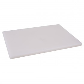 18" x 24" x 1" white plastic cutting board is built for durability and heavy-duty use in professional and home kitchens. Made from a non-porous, stain-resistant material, it helps maintain hygiene and prevents cross-contamination. Its thick construction ensures stability while cutting, slicing, and chopping various ingredients.