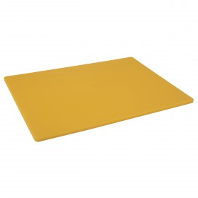 18" x 24" x 1/2" yellow plastic cutting board stanton trading designed for professional and home kitchens. Made from durable, non-porous material, it resists stains, odors, and bacteria buildup. The color-coding helps prevent cross-contamination by designating specific boards for different food types. Lightweight yet sturdy, it provides a reliable surface for chopping, slicing, and dicing.