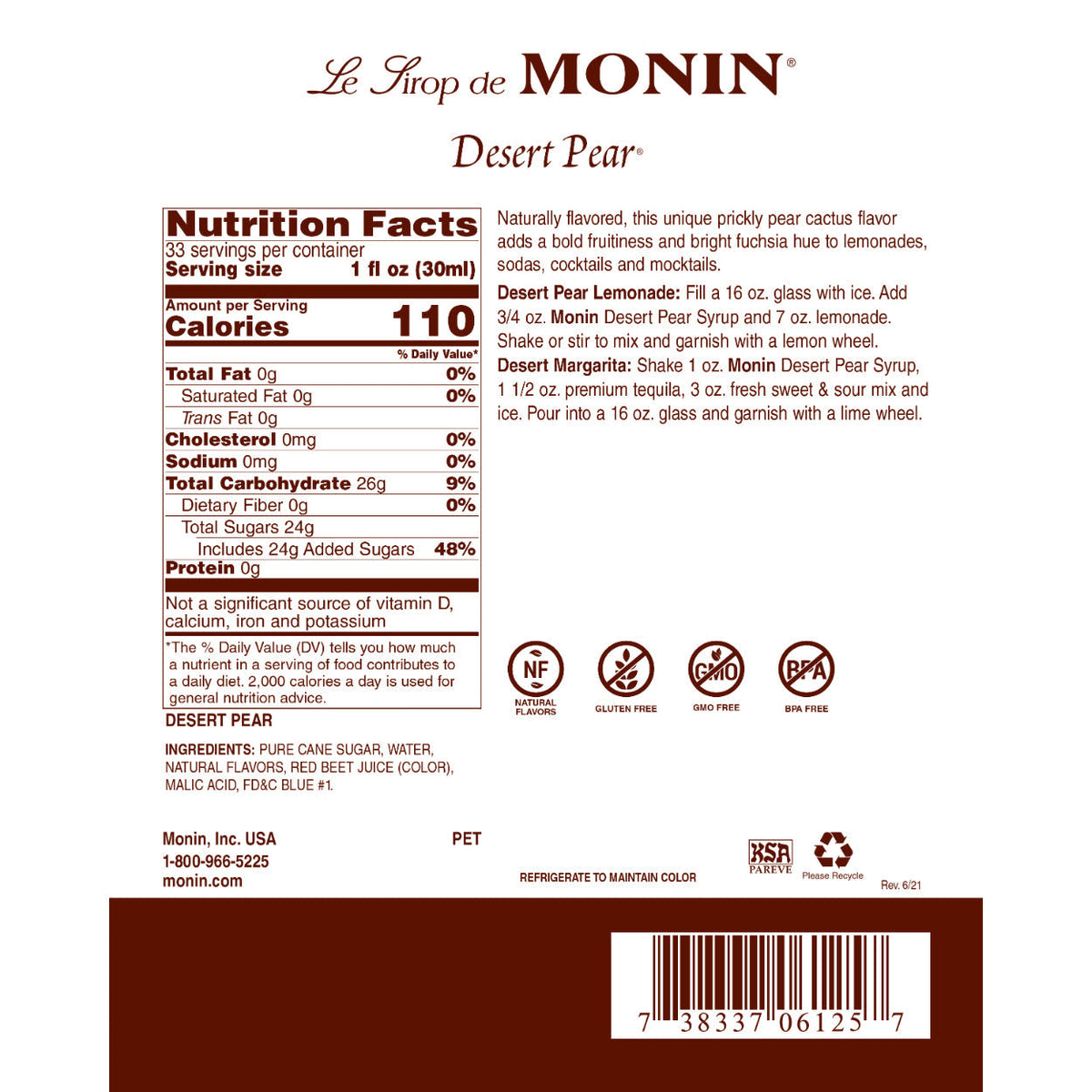 Monin Desert Pear Syrup 1 L Bottle additional product image