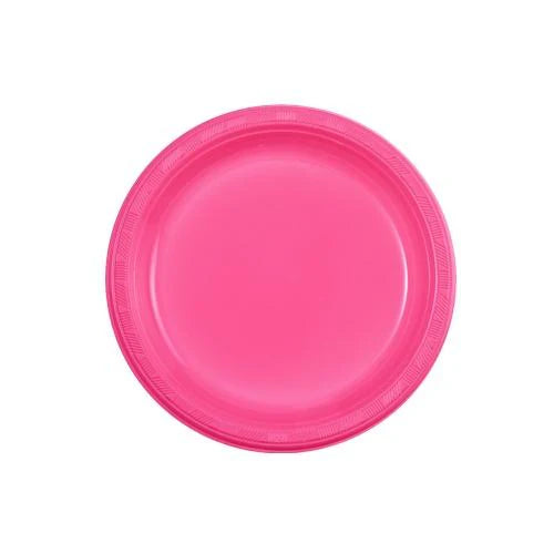7" Disposable Plastic Plates in Red, White, Blue, Black, Gold, Silver, Pink, Light Blue, Hot Pink. Durable and leak-resistant, perfect for desserts, snacks, parties, catering, and everyday use.