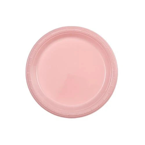7" Disposable Plastic Plates in Red, White, Blue, Black, Gold, Silver, Pink, Light Blue, Hot Pink. Durable and leak-resistant, perfect for desserts, snacks, parties, catering, and everyday use.
