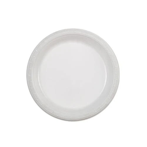 7" Disposable Plastic Plates in Red, White, Blue, Black, Gold, Silver, Pink, Light Blue, Hot Pink. Durable and leak-resistant, perfect for desserts, snacks, parties, catering, and everyday use.