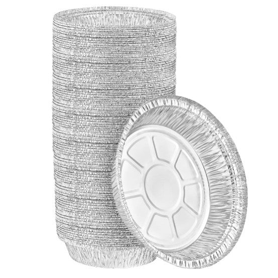 Durable aluminum round pans in 7-inch and 9-inch sizes for baking, roasting, and catering. Disposable, heavy-duty foil pans ideal for cakes, meal prep, food storage, and takeout.