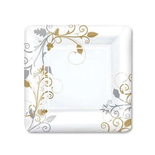 Bella Vite Shimmer Square Plates in 7-inch and 10-inch sizes, elegant disposable plates perfect for weddings, birthdays, and special occasions. Sturdy, stylish, and hassle-free cleanup.