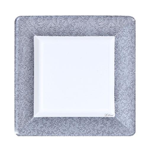 Textures Silver Square Plate in 7-inch and 10-inch sizes. Elegant disposable dinnerware perfect for weddings, parties, and events. Stylish, durable, and hassle-free for upscale dining.