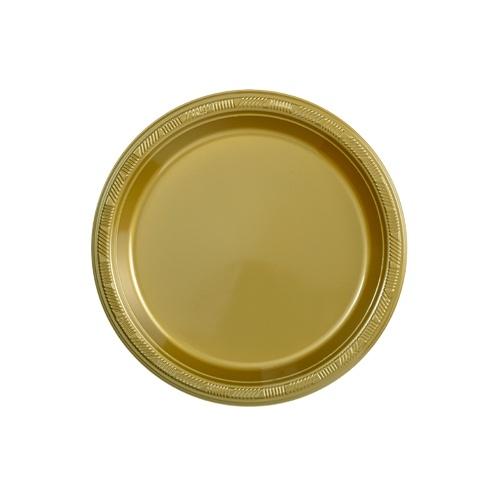 Gold plastic plates in 7", 9", and 10" sizes, perfect for weddings, corporate events, and parties. Durable, disposable, and elegant design for hassle-free dining and easy cleanup.