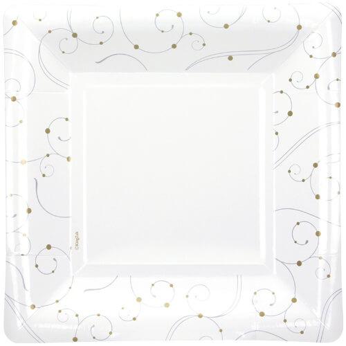 Swirls & Pearls Square Plate, available in 7-inch and 10-inch. Elegant disposable plate with intricate swirls and pearl accents, perfect for weddings, parties, and formal gatherings.